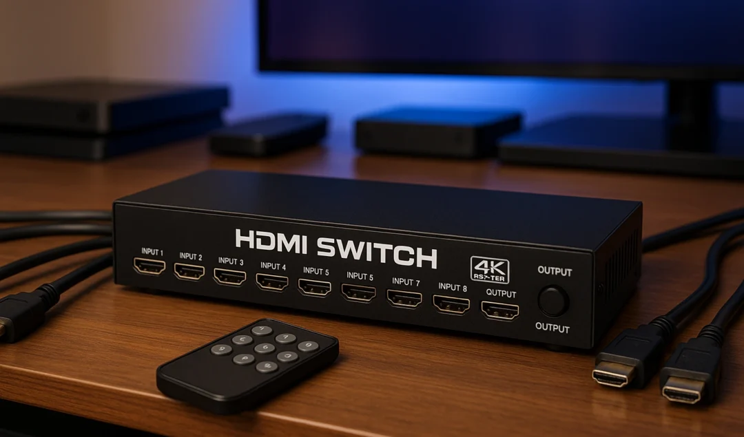 Switch HDMI 4K com 8 portas de entrada, 2 de saída e controle remoto sobre uma mesa de madeira.